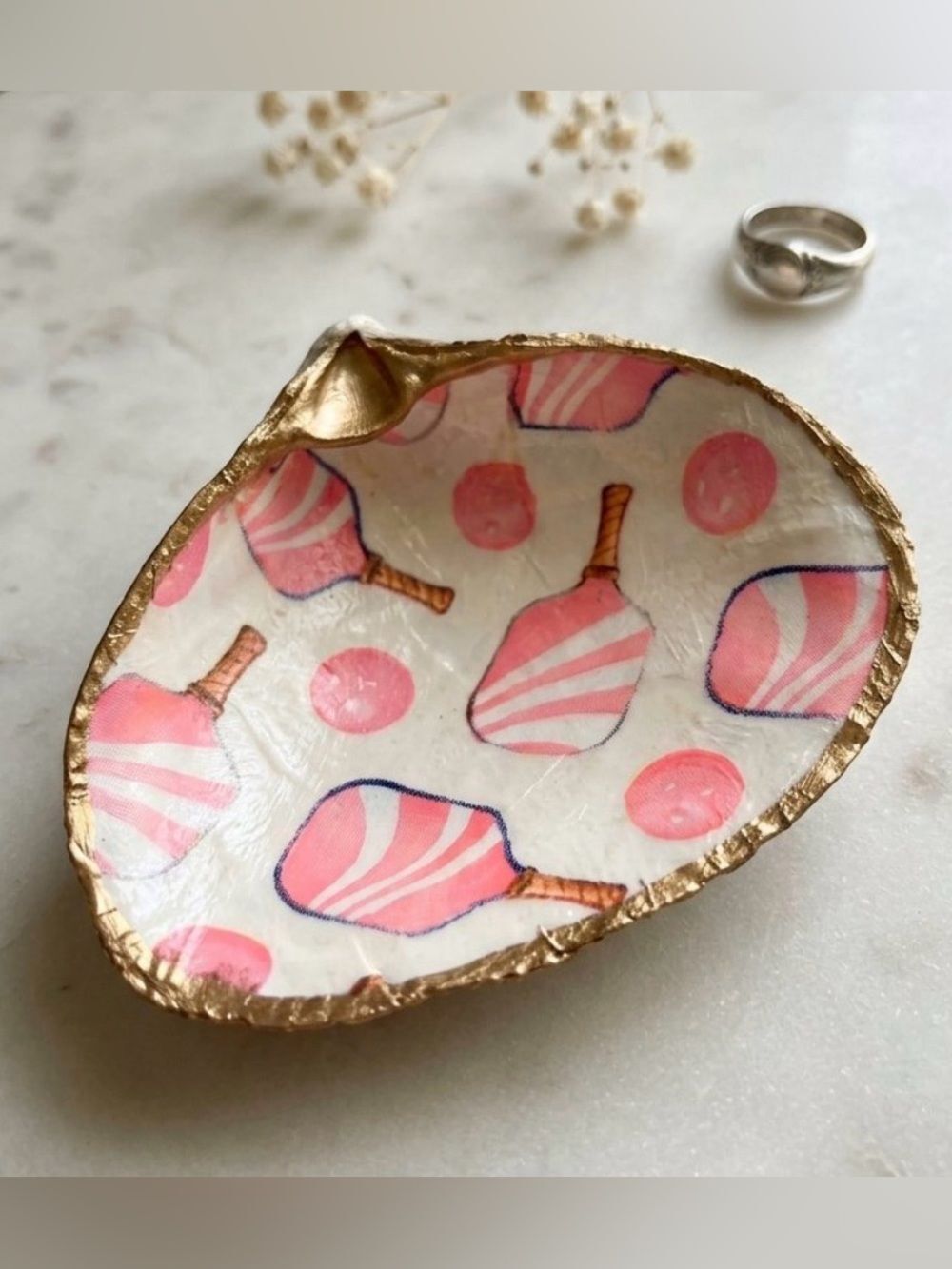 Pickleball Oyster Shell Trinket Dish Hand Painted Pink Decorative Ring Bowl Gift
